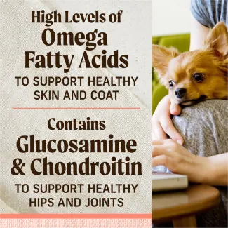 To the right, a small dog sits on the lap of a person on a couch. To the left, text reads "high levels of omega fatty acids to support healthy skin and coat. Contains glucosamine and chondroitin to help support healthy hips and joints"
