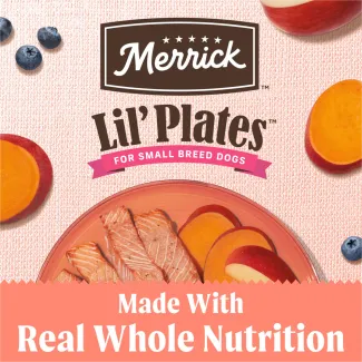 A top down presentation of cooked salmon, blueberries, slices of apples, and slices of sweet potatoes; Text reads "Merrick Lil' Plates For Small Breed Dogs. Made with Real Whole Nutrition"