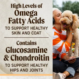 To the right, an image of a woman sitting outside kisses the face of a tan curly-haired dog on her lap; To the left, text reads "high levels of omega fatty acids to support healthy skin and coat. Contains glucosamine and chondroitin to help support healthy hips and joints"