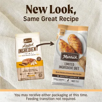 Packages show the old look and new look for Merrick Limited Ingredient Diet Real Chicken &amp; Brown Rice Recipe Dry Dog Food with an arrow pointing from old to new. Text reads "New look, same great recipe. You may receive either packaging at this time. Feeding transition not required." 