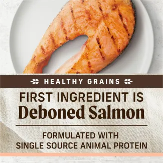 A topdown photo of cooked grilled salmon on a white plate; text below reads "healthy grains. First ingredient is deboned salmon. Formulated with single source animal protein"