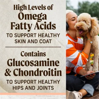 To the right, an image of a woman sitting outside kisses the face of a tan curly-haired dog on her lap; To the left, text reads "high levels of omega fatty acids to support healthy skin and coat. Contains glucosamine and chondroitin to help support healthy hips and joints"