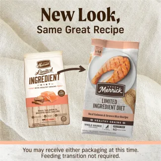 Packages show the old look and new look for Merrick Limited Ingredient Diet Real Salmon &amp; Brown Rice Recipe Dry Dog Food with an arrow pointing from old to new. Text reads "New look, same great recipe. You may receive either packaging at this time. Feeding transition not required." 
