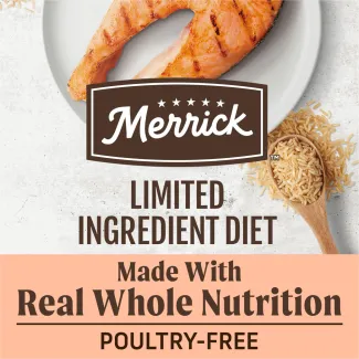 A top down photo of grilled salmon and brown rice on a white background with the Merrick logo overlapping; text below reads "limited ingredient diet. made with real whole nutrition. Poultry-free" 