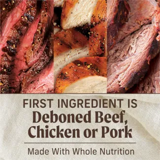 Close up photos of cooked and seasoned pieces of beef, chicken and pork are shown side by side. Below, text reads "First ingredient is deboned beef, chicken, or pork. Made with whole nutrition"