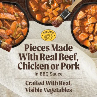 Merrick Slow Cooked BBQ Grain Free Wet Dog Food varieties shown in cast iron bowls accompanied by bbq brushes. A yellow icon with a bowl and bbq brush reads the word "Sauce." Text below says "Pieces made with real beef, chicken or pork in bbq sauce. Crafted with real, visible vegetables."