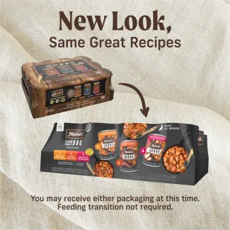 Packages show the old look and new look for Merrick Slow Cooked BBQ Grain Free Wet Dog Food variety pack with an arrow pointing from old to new. Text reads "New look, same great recipe. You may receive either packaging at this time. Feeding transition not required." 