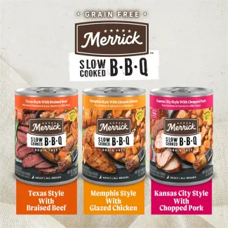 Cans of Merrick Slow Cooked BBQ Grain Free Wet Dog Food variety pack. Texas Style with braised Beef, Memphis Style with Glazed Chicken, Kansas City Style with Chopped Pork.