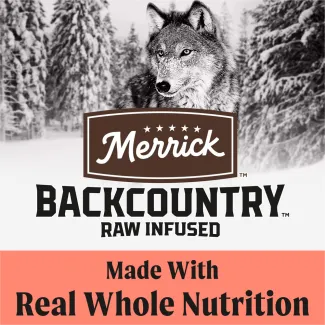 A black and white photo of a wolf in the woods overlaid with the Merrick Backcountry Raw Infused logo. Below text reads "Maded with whole real nutrition"