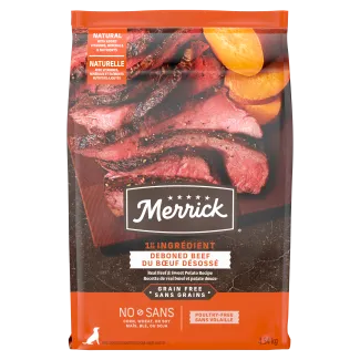 Merrick Grain Free Beef and Sweet Potato dry dog food bilingual packing