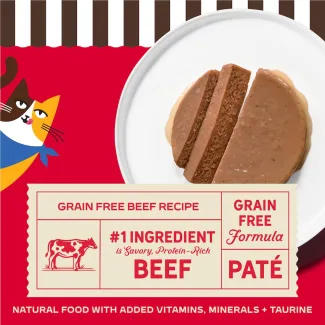 Merrick Purrfect Bistro Grain Free Beef Recipe. #1 Ingredient is savory, protien-rich beef. Natural food with added vitamins, minerals + taurine.