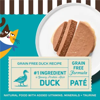 Merrick Purrfect Bistro Grain Free Duck Recipe. #1 Ingredient is savory, protien-rich duck. Natural food with added vitamins, minerals + taurine.