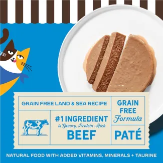 Merrick Purrfect Bistro Grain Free Land &amp; Sea  Recipe. #1 Ingredient is savory, protien-rich beef. Natural food with added vitamins, minerals + taurine.