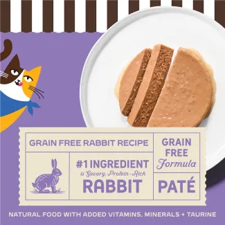 Merrick Purrfect Bistro Grain Free Rabbit Recipe. #1 Ingredient is savory, protien-rich rabbit. Natural food with added vitamins, minerals + taurine.