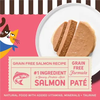 Merrick Purrfect Bistro Grain Free Salmon Recipe. #1 Ingredient is savory, protien-rich salmon. Natural food with added vitamins, minerals + taurine.