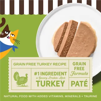Merrick Purrfect Bistro Grain Free Turkey Recipe. #1 Ingredient is savory, protien-rich turkey. Natural food with added vitamins, minerals + taurine.