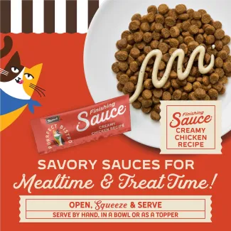 Merrick Purrfect Bistro Finishing Sauce Creamy Chicken Recipe. savory sauces for mealtime and treat time.