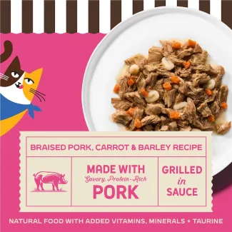 Merrick Purrfect Bistro Braised Pork, Carrot and Barley Recipe Grilled in Sauce. Made with savory, protein-rich pork, grilled in sauce. Natural food with added vitamins, minerals + taurine.