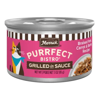 Merrick Purrfect Bistro Braised Pork, Carrot and Barley Recipe Grilled in Sauce package. 