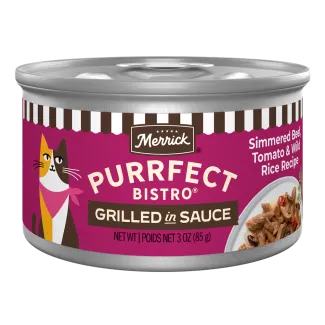 Merrick Purrfect Bistro Simmered Beef, Tomato and Wild Rice Recipe in Rich Gravy package.