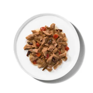 Merrick Purrfect Bistro Simmered Beef, Tomato and Wild Rice Recipe in Rich Gravy product.