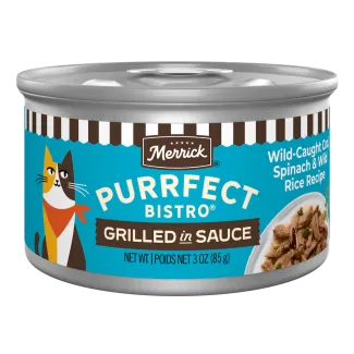 Merrick Purrfect Bistro Wild-Caught Cod, Spinach and Wild Rice Recipe Grilled in Sauce package. 