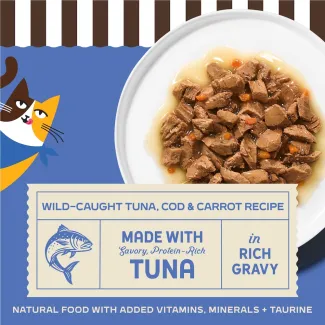 Merrick Purrfect Bistro Wild Caught Tuna, Cod and Carrot Recipe in Rich Gravy. Made with savory, protein-rich tuna, in rich gracy. Natural food with added vitamins, minerals + taurine
