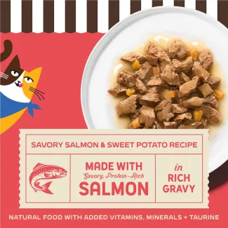 Merrick Purrfect Bistro Savory Salmon and Sweet Potato Recipe in Rich Gravy. Made with savory, protein-rich salmon, in rich gravy. Natural food with added vitamins, minerals + taurine. 