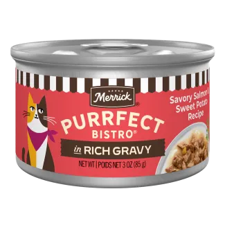 Merrick Purrfect Bistro Savory Salmon and Sweet Potato Recipe in Rich Gravy package.