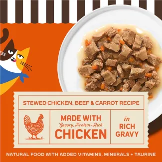 Merrick Purrfect Bistro Stewed Chicken, Beef and Carrot Recipe in Rich Gravy . Made with savory, protein-rich chicken, in rich sauce. Natural food with added vitamins, minerals + taurine.
