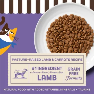 Merrick Purrfect Bistro Grain Free Pasture-Raised Lam and Carrot Recipe Dry Cat Food. #1 ingredient is lamb. Natural food with added vitamins, minerals + taurine.
