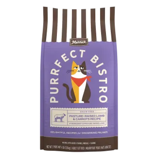 Merrick Purrfect Bistro Grain Free Pasture-Raised Lam and Carrot Recipe Dry Cat Food package. 