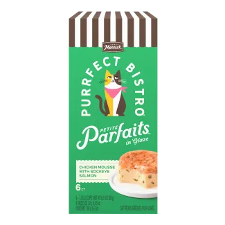 Merrick Purrfect Bistro Petite Parfaits in Glaze Chicken Mousse with Sockeye Salmon package. 