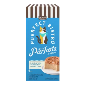 Merrick Purrfect Bistro Petite Parfaits in Glaze Chicken and Tuna Mousse with Skipjack Tuna package. 
