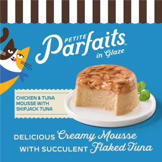 Merrick Purrfect Bistro Petite Parfaits in Glaze Chicken and Tuna Mousse with Skipjack Tuna. Delicious Creamy Mousse with flaked tuna. 