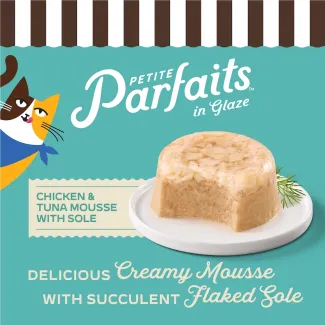Merrick Purrfect Bistro Petite Parfaits in Glaze Chicken and Tuna Mousse with Sole. Delicious Creamy Mousse with Succulet Flakes Sole. 