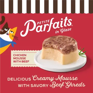 Merrick Purrfect Bistro Petite Parfaits in Glaze Chicken Mousse with Beef . Delicious Creamy Mousse with Savory Beef Shreds. 