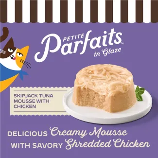 Merrick Purrfect Bistro Petite Parfaits in Glaze Skipjack Tuna Mousse with Chicken. Delicious Creamy with Savory Shredded Chicken. 