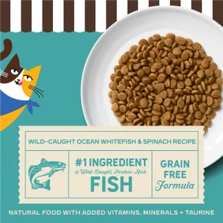 Merrick Purrfect Bistro Grain Free Wild-Caught Ocean Whitefish and Spinach Recipe Dry Cat Food. #1 ingredient is fish. Natural food with added vitamins, minerals + taurine. 