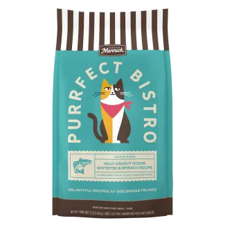 Merrick Purrfect Bistro Grain Free Wild-Caught Ocean Whitefish and Spinach Recipe Dry Cat Food package.