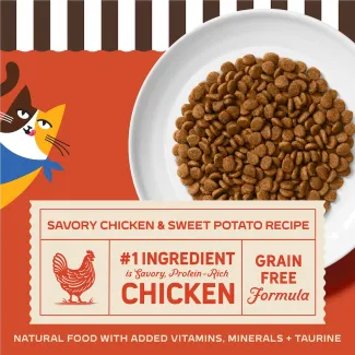 Merrick Purrfect Bistro Grain Free Savory Chicken and Sweet Potato Recipe Dry Cat Food. #1 ingredient is chicken. Natural food with added vitamins, minerals + taurine. 