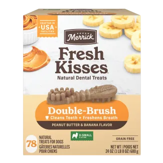 The front of a 78 count box of Merrick Fresh Kisses Peanut Butter and Banana dental dog treats for extra small dogs.