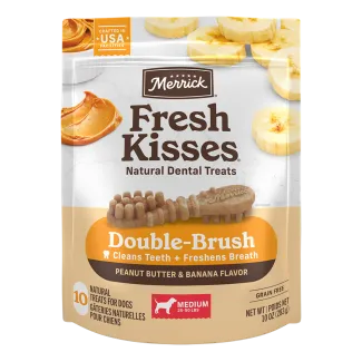 A 10 count pouch of Merrick Fresh Kisses Peanut Butter and Banana dental dog treats for medium size dogs.