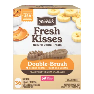 The front of a 36 count box of Merrick Fresh Kisses Peanut Butter and Banana dental dog treats for small dogs.
