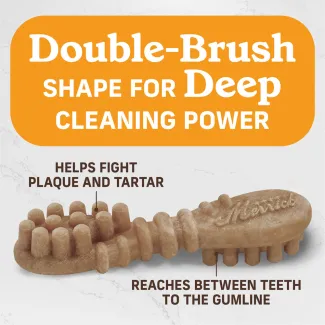 Merrick Fresh Kisses Peanut Butter and Banana large dental dog treats have a double brush shape for deep cleaning power.