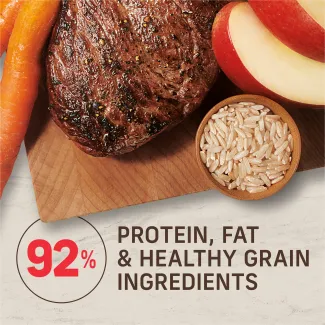 92% protein, fat and healthy grain ingredients.