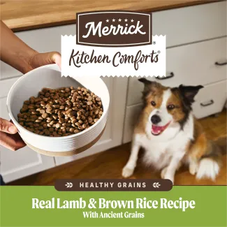 Merrick Kitchen Comforts Healthy Grains Real Lamb and Brown Rice Recipe with Ancient Grains. 