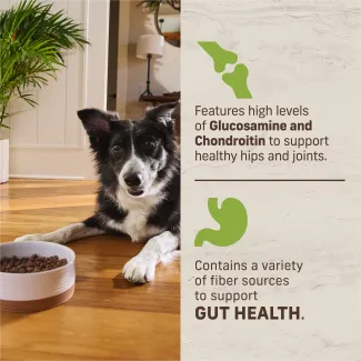 Features high levels of Glucosamine and Chondroitin to support healthy his and joints. Contains a variety of fiber sources to support gut health.