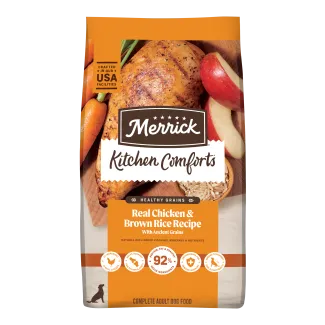 Merrick Kitchen Comforts Real Chicken and Brown Rice Recipe dog food bag.