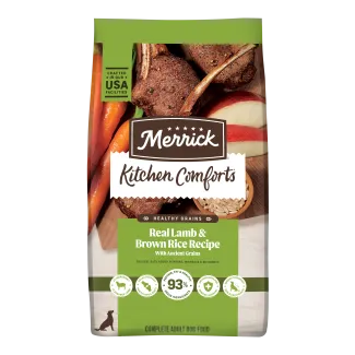 Merrick Kitchen Comforts Real Lamb and Brown Rice Recipe dog food bag.